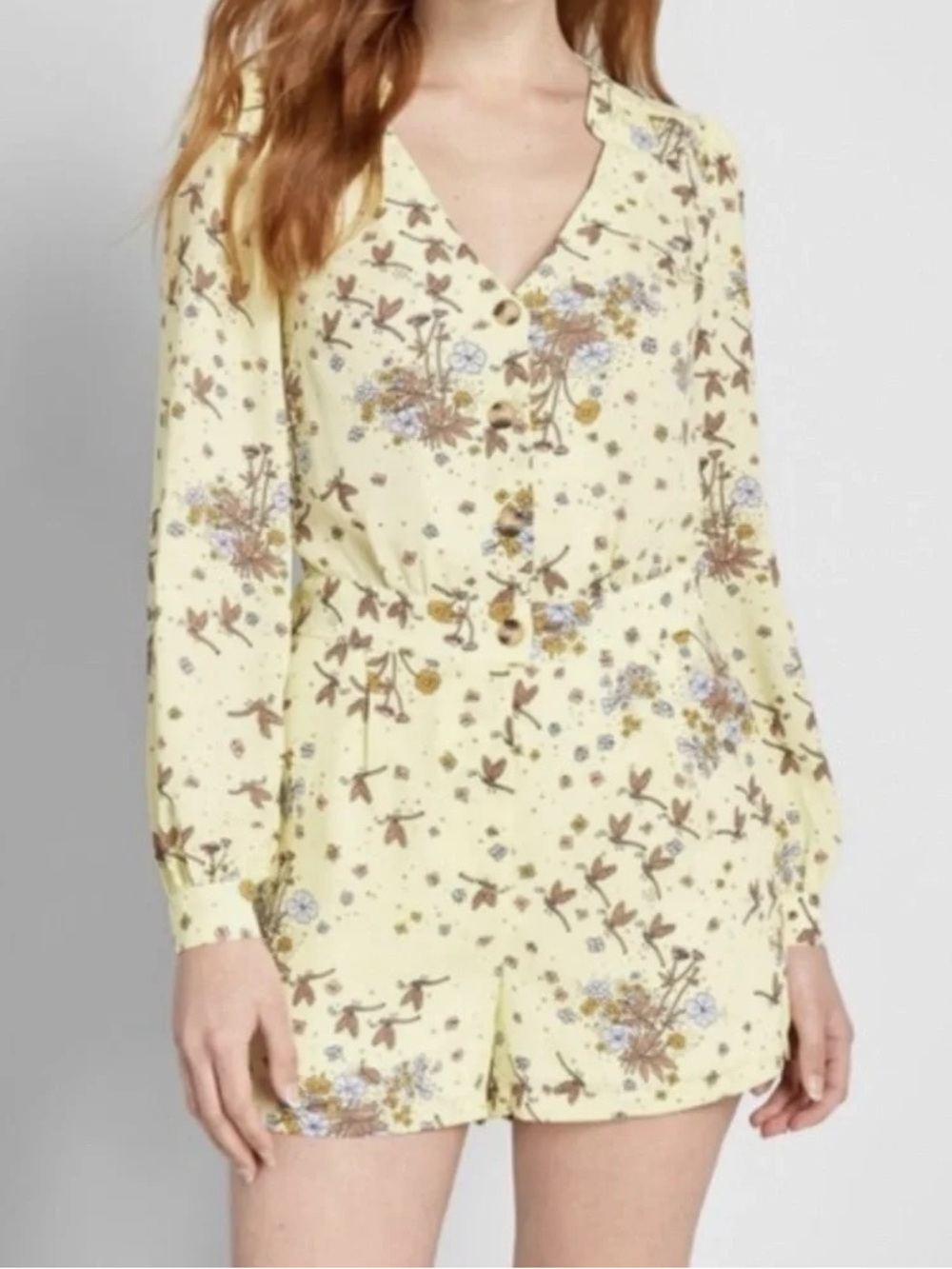 ModCloth Yellow Dragonfly Retro Floral Time to Suit Up Long Sleeve Romper - Picture 4 of 10